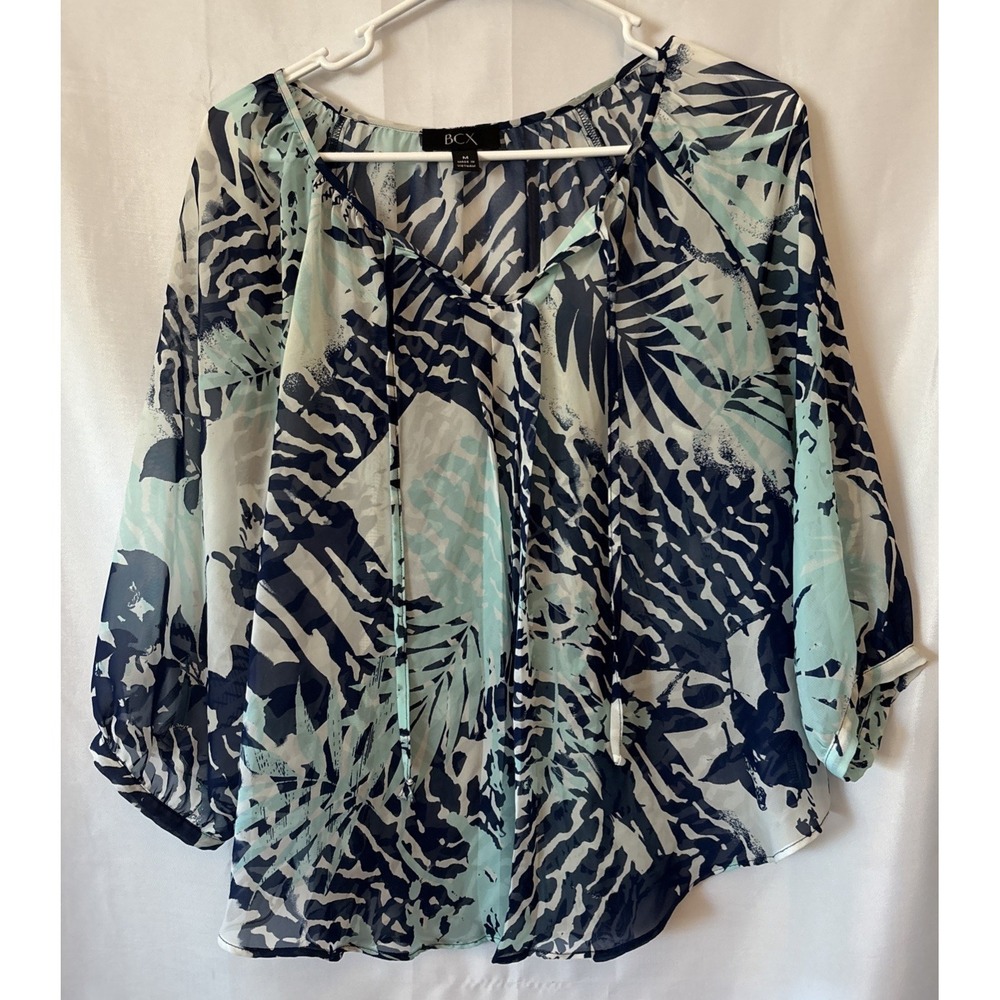 BCX Semi Sheer Blouse Multicolored Foliage  Long sleeve Tie Collar Lagenlook M